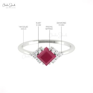 Square Cut Halfway Ring With 5mm Burma Ruby And Diamond 14k Real Gold Promise Rings