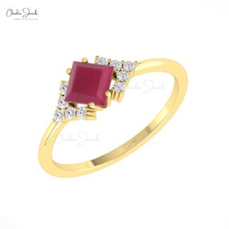Square Cut Halfway Ring With 5mm Burma Ruby And Diamond 14k Real Gold Promise Rings