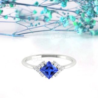 Dainty Half Halo Diamond Ring With 0.6 Ct Tanzanite Prong Set In 14k Real Gold Love Rings