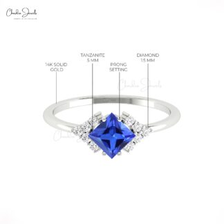 Dainty Half Halo Diamond Ring With 0.6 Ct Tanzanite Prong Set In 14k Real Gold Love Rings