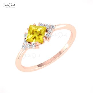 Square Gemstone Ring In 14k Pure Gold Yellow Sapphire Pave Diamond Engagement Rings
