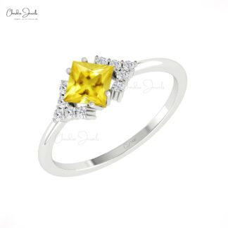 Square Gemstone Ring In 14k Pure Gold Yellow Sapphire Pave Diamond Engagement Rings