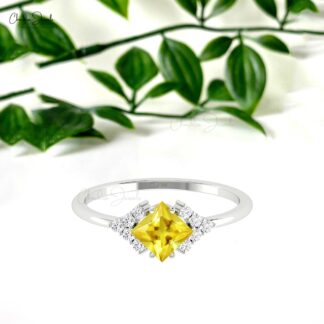 Square Gemstone Ring In 14k Pure Gold Yellow Sapphire Pave Diamond Engagement Rings