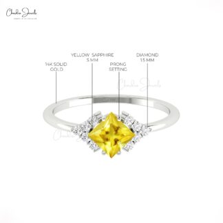 Square Gemstone Ring In 14k Pure Gold Yellow Sapphire Pave Diamond Engagement Rings