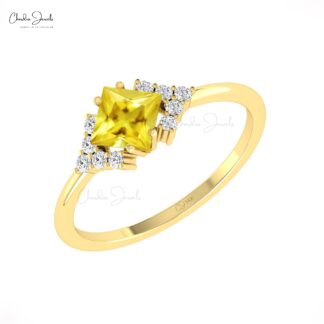 Square Gemstone Ring In 14k Pure Gold Yellow Sapphire Pave Diamond Engagement Rings
