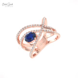 Crossover Unique Ring In Solid 14k Gold Blue Sapphire 1.1 Ct Gemstone And Diamond Ring