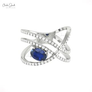 Crossover Unique Ring In Solid 14k Gold Blue Sapphire 1.1 Ct Gemstone And Diamond Ring