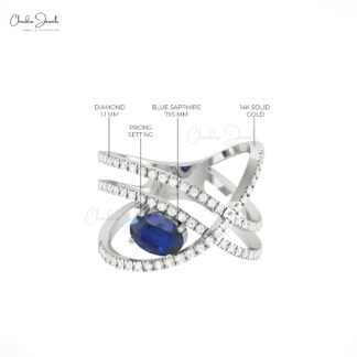 Crossover Unique Ring In Solid 14k Gold Blue Sapphire 1.1 Ct Gemstone And Diamond Ring