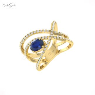 Crossover Unique Ring In Solid 14k Gold Blue Sapphire 1.1 Ct Gemstone And Diamond Ring