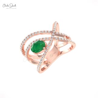 Crossover Infinity Ring With 1 Ct Zambian Emerald And Diamond 14k Real Gold Women Rings