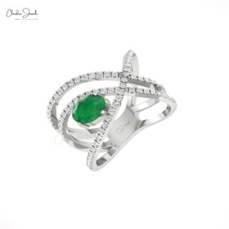 Crossover Infinity Ring With 1 Ct Zambian Emerald And Diamond 14k Real Gold Women Rings