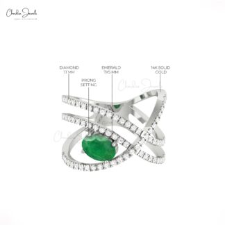 Crossover Infinity Ring With 1 Ct Zambian Emerald And Diamond 14k Real Gold Women Rings