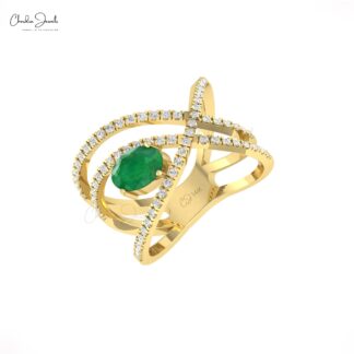 Crossover Infinity Ring With 1 Ct Zambian Emerald And Diamond 14k Real Gold Women Rings