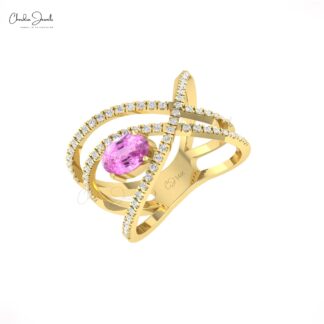Infinity Gemstone Ring With 7x5mm Pink Sapphire & Diamond Cross Ring In 14k Solid Gold