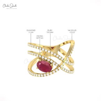 Overlapping Diamond Ring In 14k Gold Burma Ruby 7x5mm Gemstone Engagement Bridal Rings