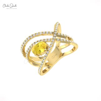 Real 14k Gold Crossover Ring With 7x5mm Yellow Sapphire And Pave Diamond Women Ring