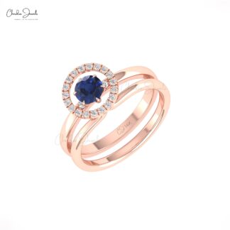 Stack Halo Wedding Ring With 0.45 Ct Blue Sapphire And Diamond Pave In 14k Pure Gold Ring