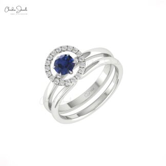 Stack Halo Wedding Ring With 0.45 Ct Blue Sapphire And Diamond Pave In 14k Pure Gold Ring