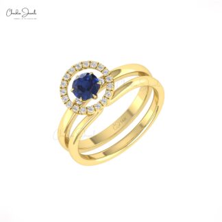 Stack Halo Wedding Ring With 0.45 Ct Blue Sapphire And Diamond Pave In 14k Pure Gold Ring