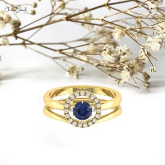 Stack Halo Wedding Ring With 0.45 Ct Blue Sapphire And Diamond Pave In 14k Pure Gold Ring