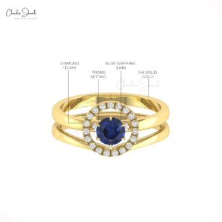 Stack Halo Wedding Ring With 0.45 Ct Blue Sapphire And Diamond Pave In 14k Pure Gold Ring