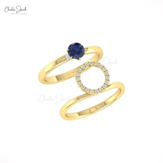 Stack Halo Wedding Ring With 0.45 Ct Blue Sapphire And Diamond Pave In 14k Pure Gold Ring