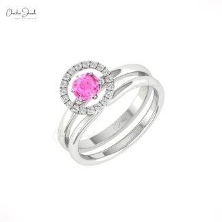 Gemstone Halo Ring In 14k Real Gold Pink Sapphire 5mm Round And Diamond Solitaire Rings