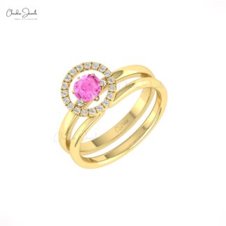 Gemstone Halo Ring In 14k Real Gold Pink Sapphire 5mm Round And Diamond Solitaire Rings