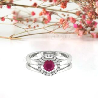 Detachable Halo Diamond Ring With 0.45 Ct Burma Ruby Engagement Ring In 14k Solid Gold