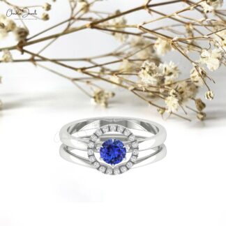 Solid 14k Gold Diamond Circle Ring With 0.45 Tanzanite Gemstone Stack Wedding Bands