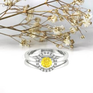 Diamond Detachable Ring In Solid 14k Gold Yellow Sapphire 5mm Round Promise Halo Rings