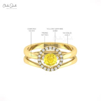 Diamond Detachable Ring In Solid 14k Gold Yellow Sapphire 5mm Round Promise Halo Rings