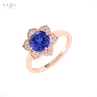 Floral Round Cut Wedding Ring In 14k Real Gold Tanzanite Pave Diamond Promise Rings