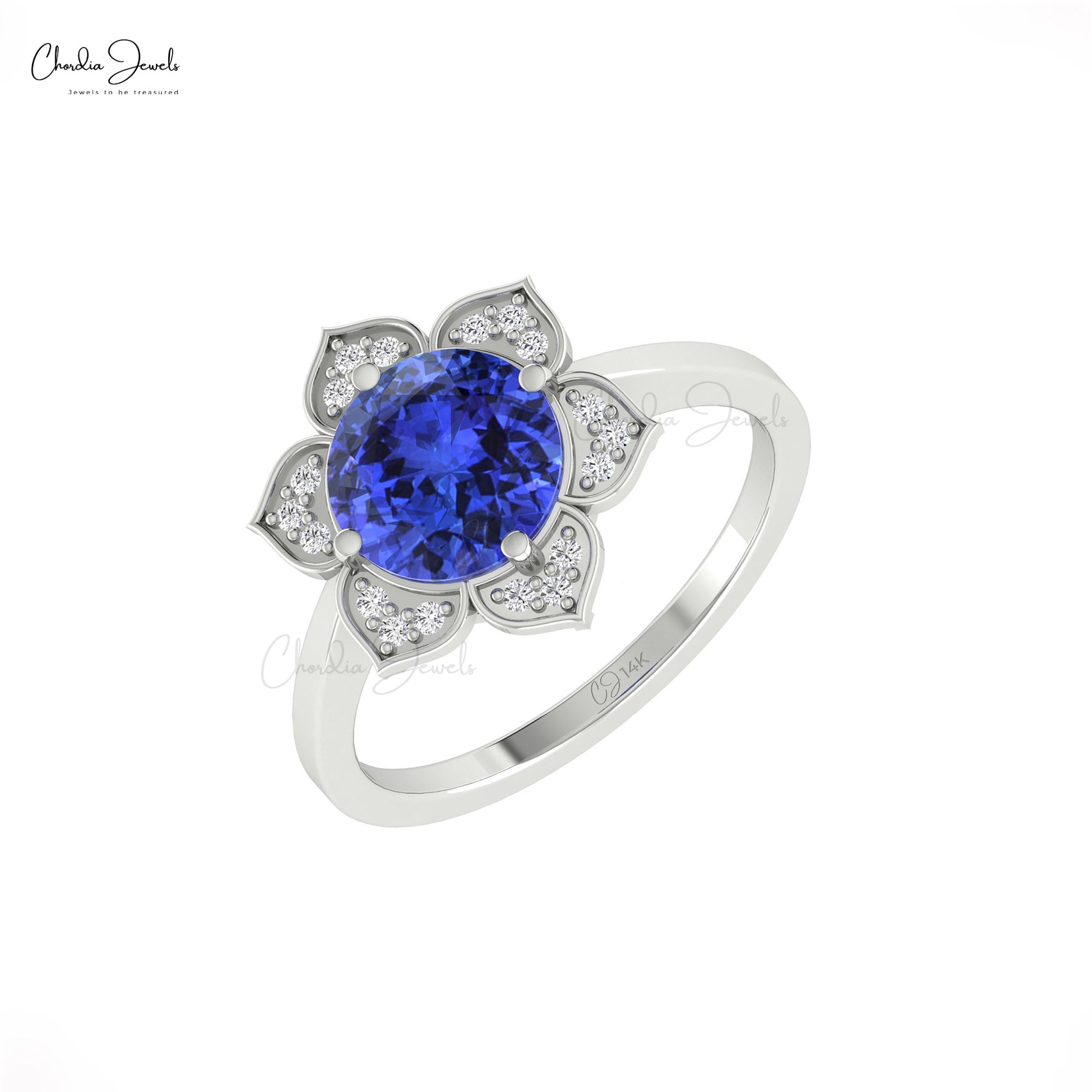 Floral Round Cut Wedding Ring In 14k Real Gold Tanzanite Pave Diamond Promise Rings