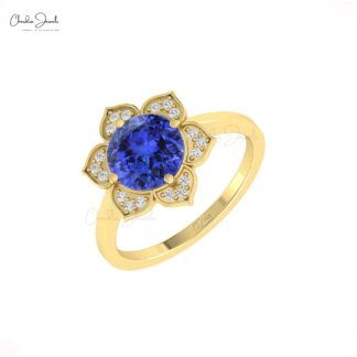 Floral Round Cut Wedding Ring In 14k Real Gold Tanzanite Pave Diamond Promise Rings