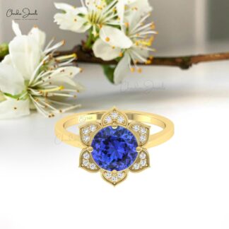 Floral Round Cut Wedding Ring In 14k Real Gold Tanzanite Pave Diamond Promise Rings