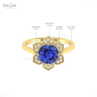 Floral Round Cut Wedding Ring In 14k Real Gold Tanzanite Pave Diamond Promise Rings
