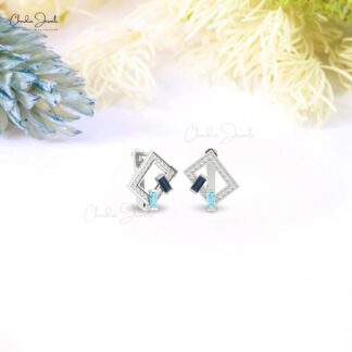 Two Birthstone Diamond Hoop With 4x2mm Aquamarine Blue Sapphire 14k Pure Gold Earrings