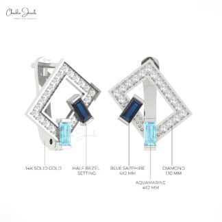 Two Birthstone Diamond Hoop With 4x2mm Aquamarine Blue Sapphire 14k Pure Gold Earrings