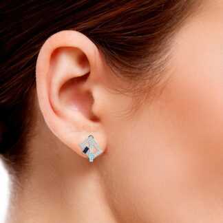 Two Birthstone Diamond Hoop With 4x2mm Aquamarine Blue Sapphire 14k Pure Gold Earrings