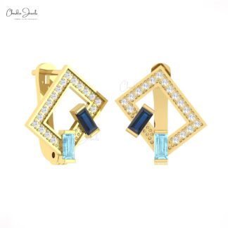Two Birthstone Diamond Hoop With 4x2mm Aquamarine Blue Sapphire 14k Pure Gold Earrings