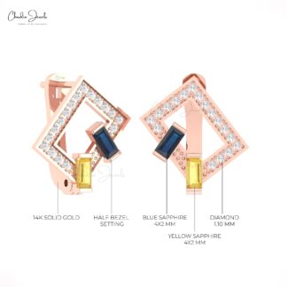 Baguette 2 Stone Earrings In 14k Real Gold Yellow & Blue Sapphire Diamond Hallmark Hoops