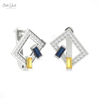 Baguette 2 Stone Earrings In 14k Real Gold Yellow & Blue Sapphire Diamond Hallmark Hoops