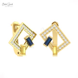 Baguette 2 Stone Earrings In 14k Real Gold Yellow & Blue Sapphire Diamond Hallmark Hoops