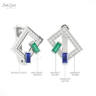 Solid 14k Gold Diamond With 0.12Ct Emerald And Baguette Tanzanite Hoop Earrings