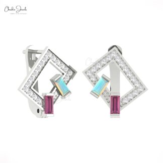 Diamond Latch Back Hoops In 14k Real Gold Opal Rhodolite Garnet Baguette Bridal Earrings