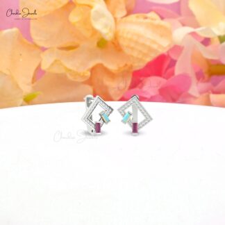 Diamond Latch Back Hoops In 14k Real Gold Opal Rhodolite Garnet Baguette Bridal Earrings