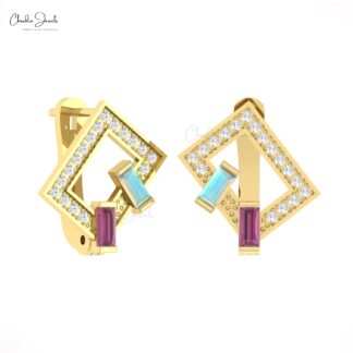 Diamond Latch Back Hoops In 14k Real Gold Opal Rhodolite Garnet Baguette Bridal Earrings