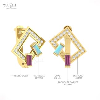 Diamond Latch Back Hoops In 14k Real Gold Opal Rhodolite Garnet Baguette Bridal Earrings