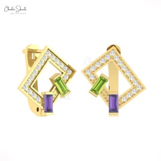 Multi Stone Women Hoops With 4x2mm Amethyst Peridot And Diamond Pave In 14k Gold Earrings